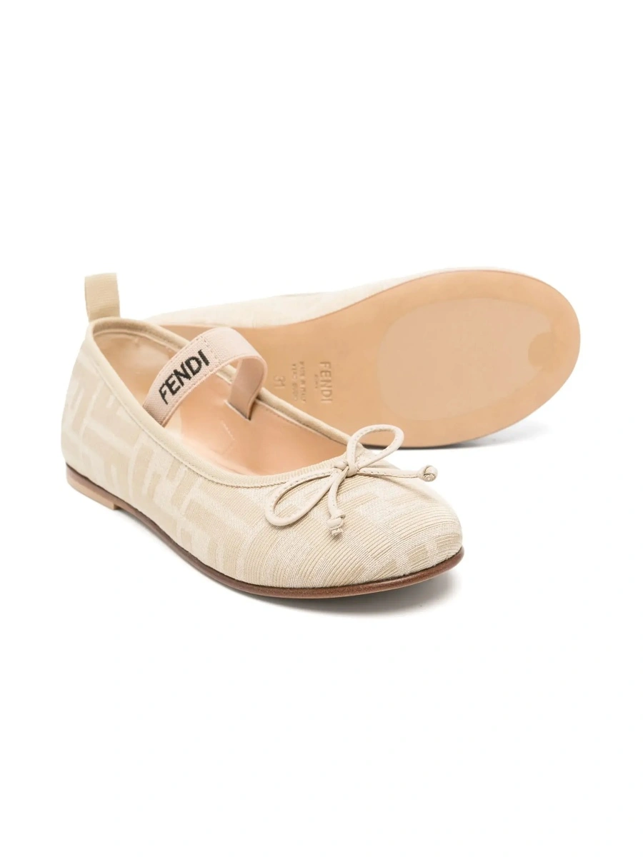 Balerini FF Ballet Shoes with Logo Strap and All-Over FF Motif in Beige Fabric for Girls - Img 5