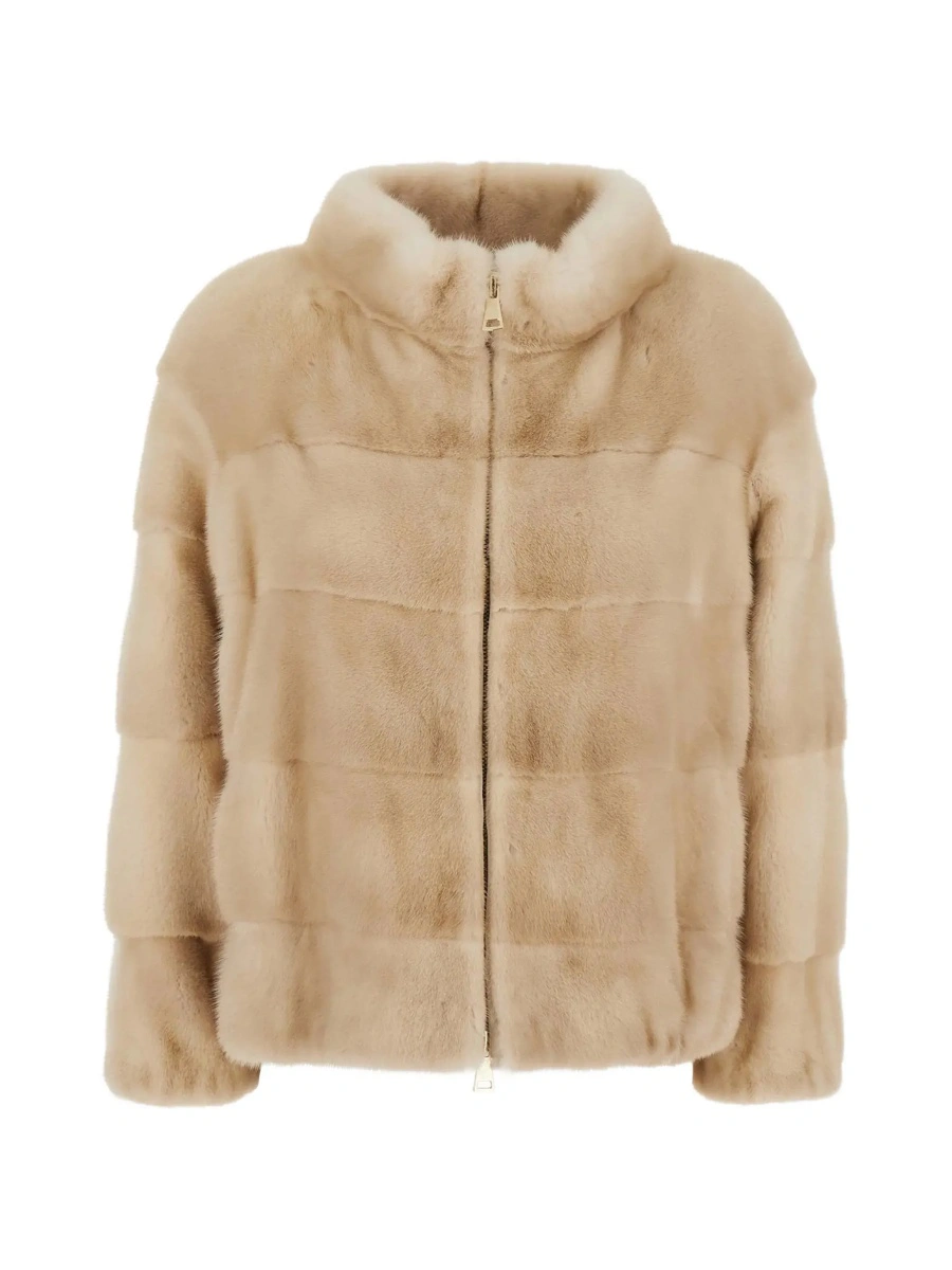 Blanuri Beige Fur Jacket with High Collar and Zip Closure in fur for Women - Img 6