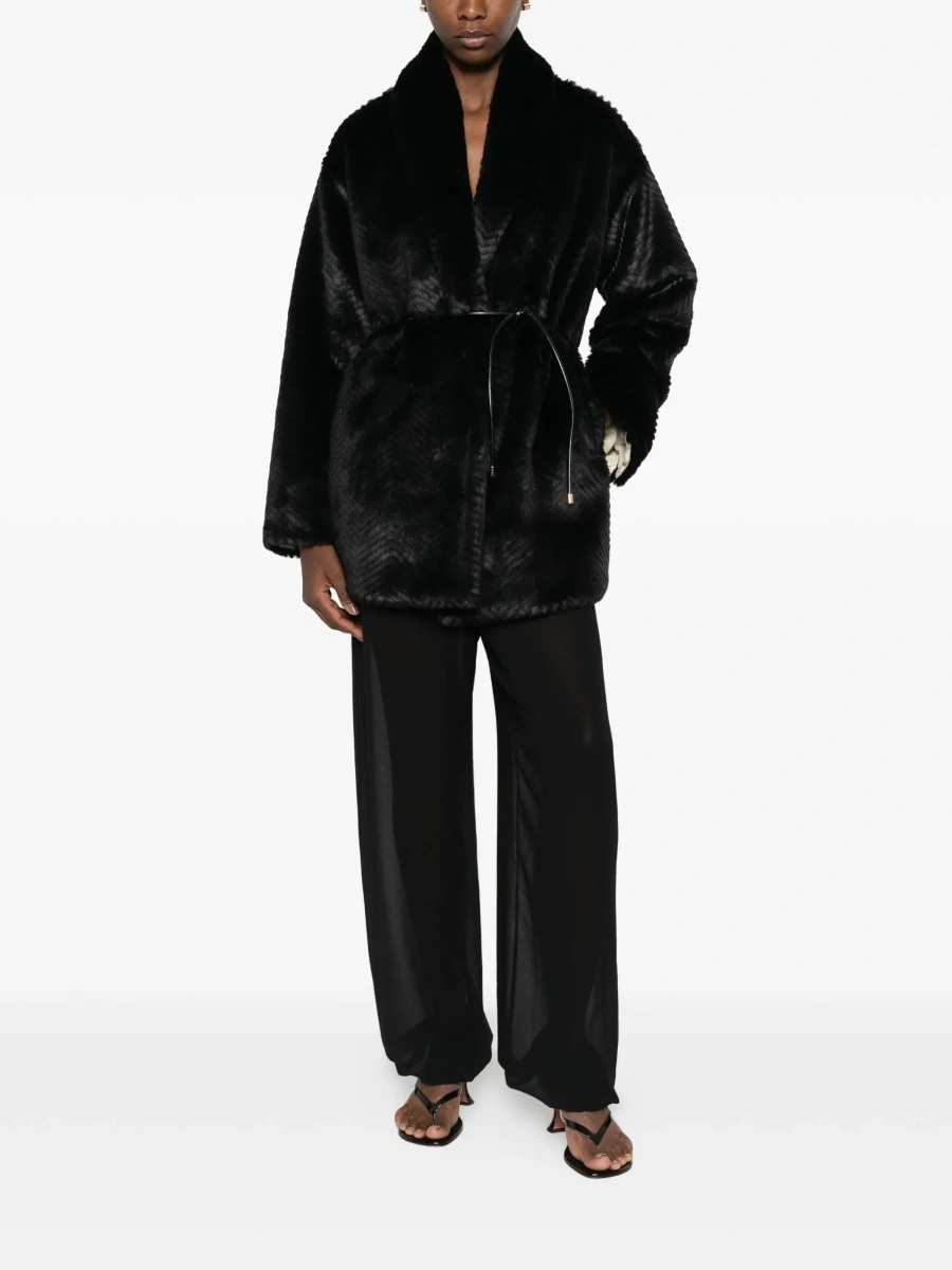 Blanuri Black shearling jacket with front belt in eco fur for women - Img 4