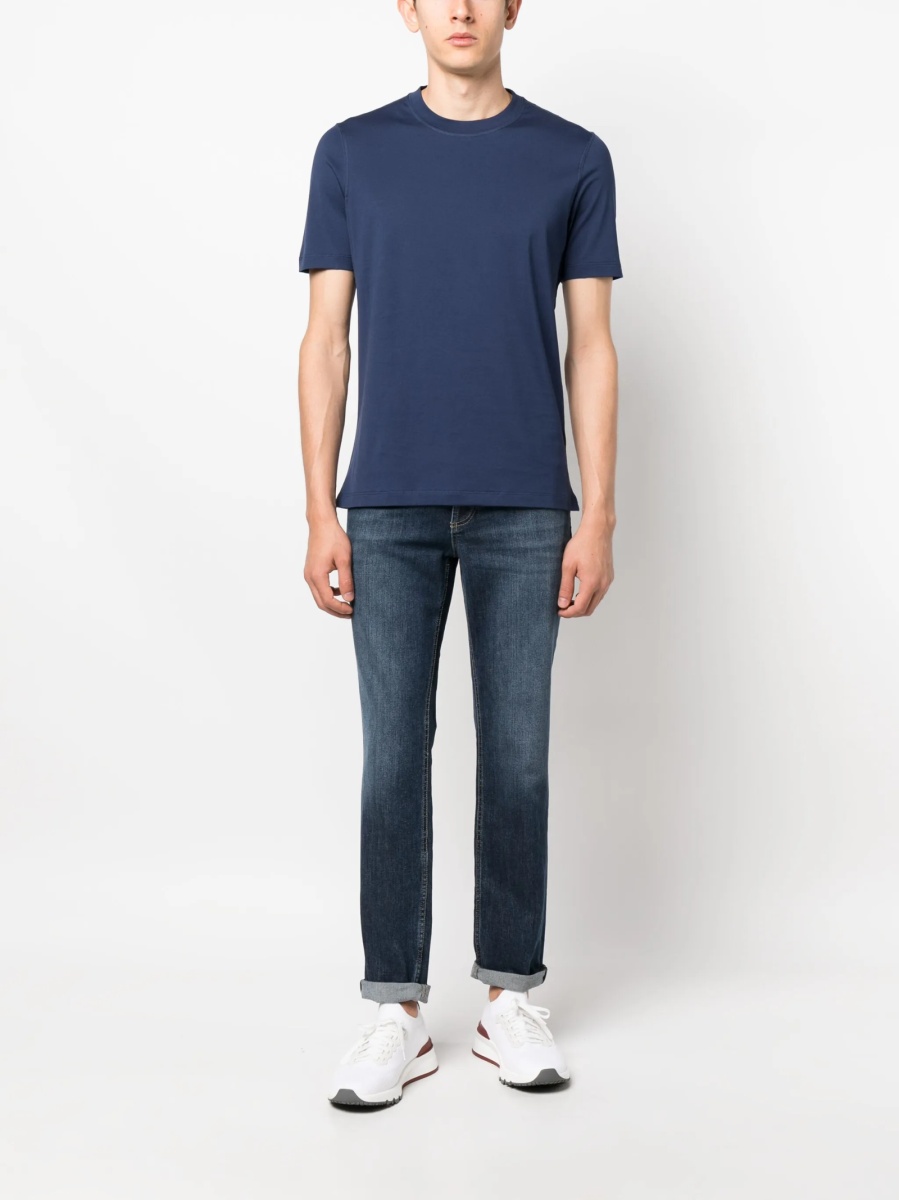 Blugi slim fit Brunello Cucinelli albastri din elastan si piele - Img 2