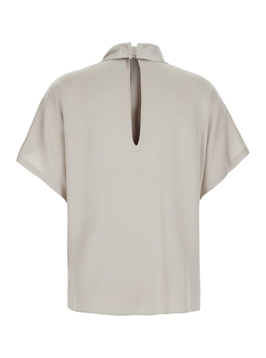 Bluza Beige Blouse with bow collar and Monile decoration in silk for women - Img 2