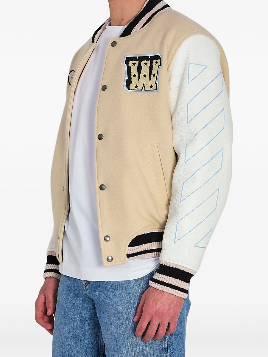 Bomber jacket Off-White neutra din piele si lana - Img 3