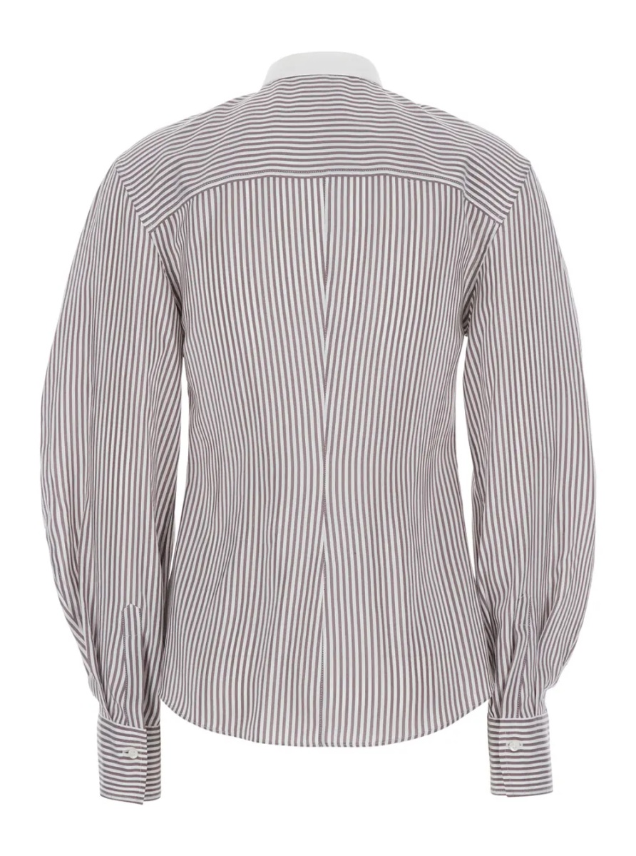 Camasa Brown Shirt with All-over Stripe Motif and Balloon Sleeves in Silk for Women - Img 2