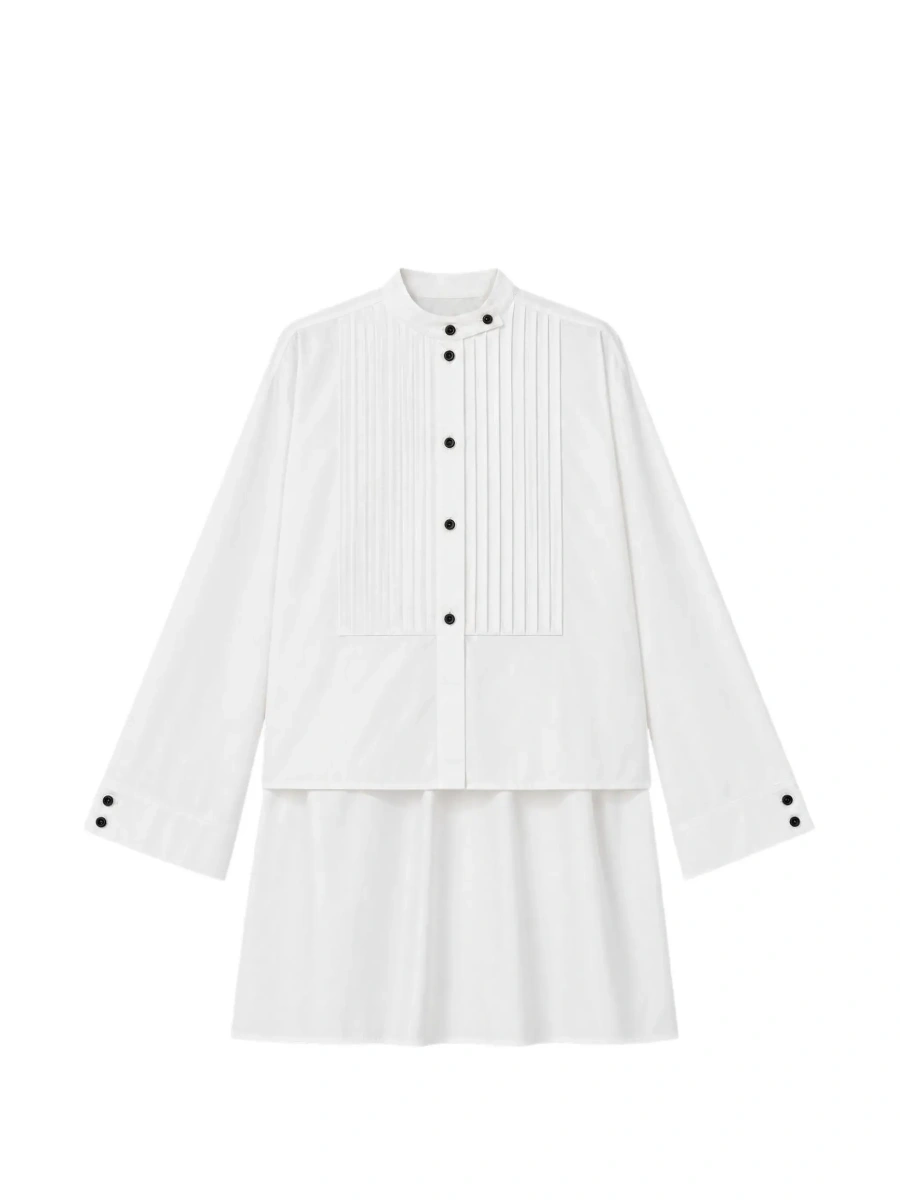 Camasa White Asymmetric Shirt with pleated design on the front and contrasting buttons in cotton for women - Img 6