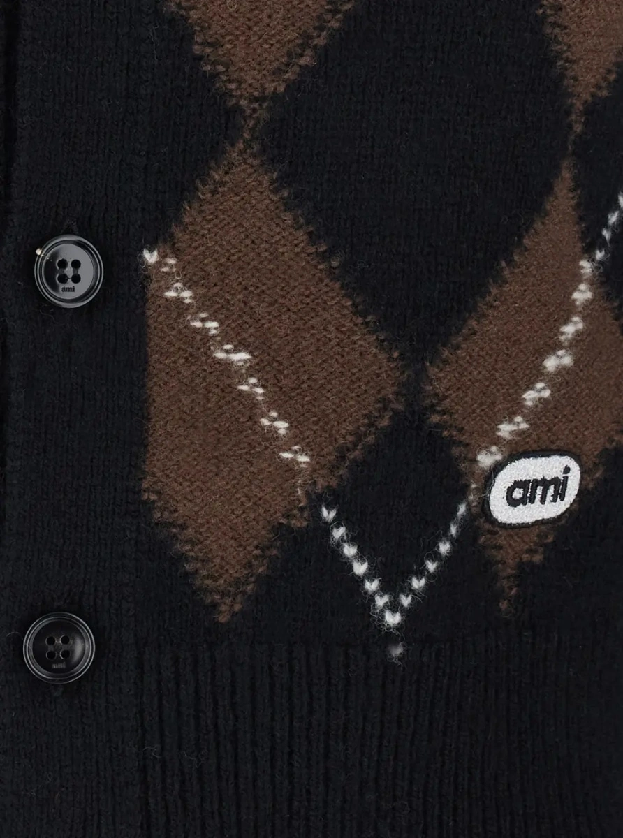 Cardigane Cardigan with round neck and oval patches AMI in brown for men - Img 3