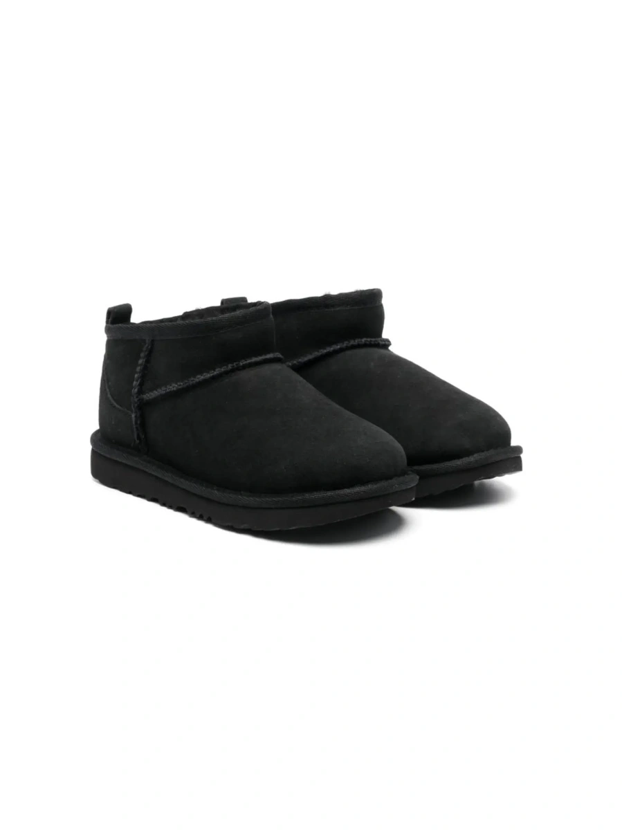 Cizme UGG 'Ultra Mini' Black Suede Ankle Boots with Tone-on-Tone Stitching and Flat Rubber Sole, Black, Girl - Img 7