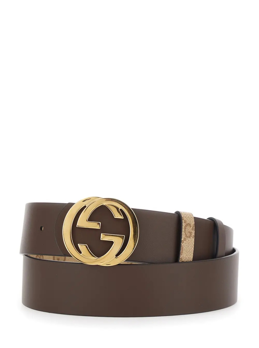 Curea Beige Reversible Belt with GG Intreccio Buckle in GG Canvas and Leather for Men - Img 3