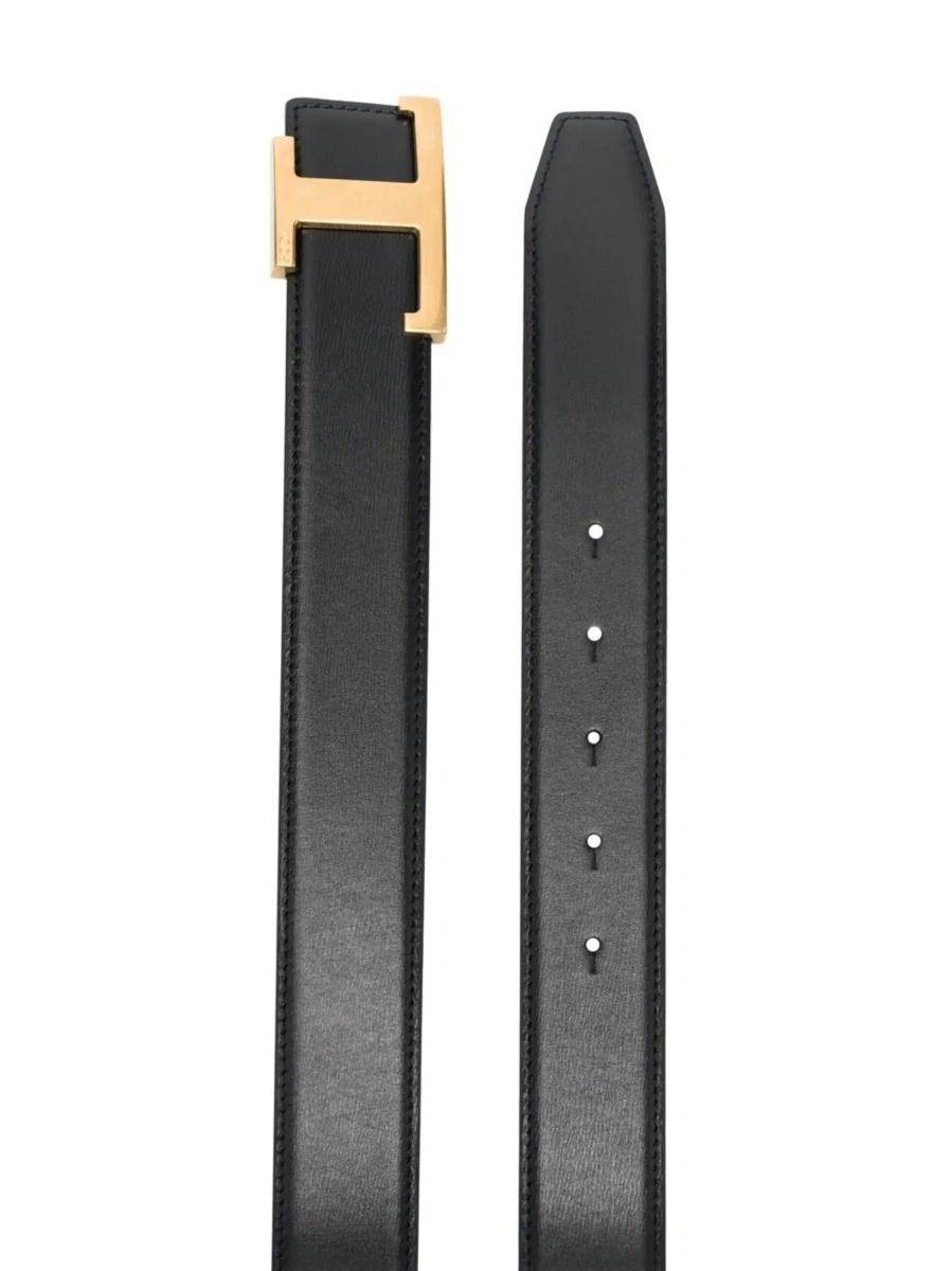 Curea Black Belt with T buckle in smooth leather for men - Img 3