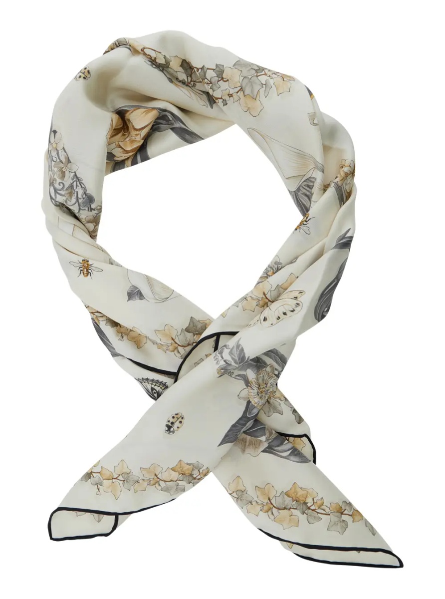 Esarfa Beige Scarf with all-over Floral Print in Silk for Women - Img 2
