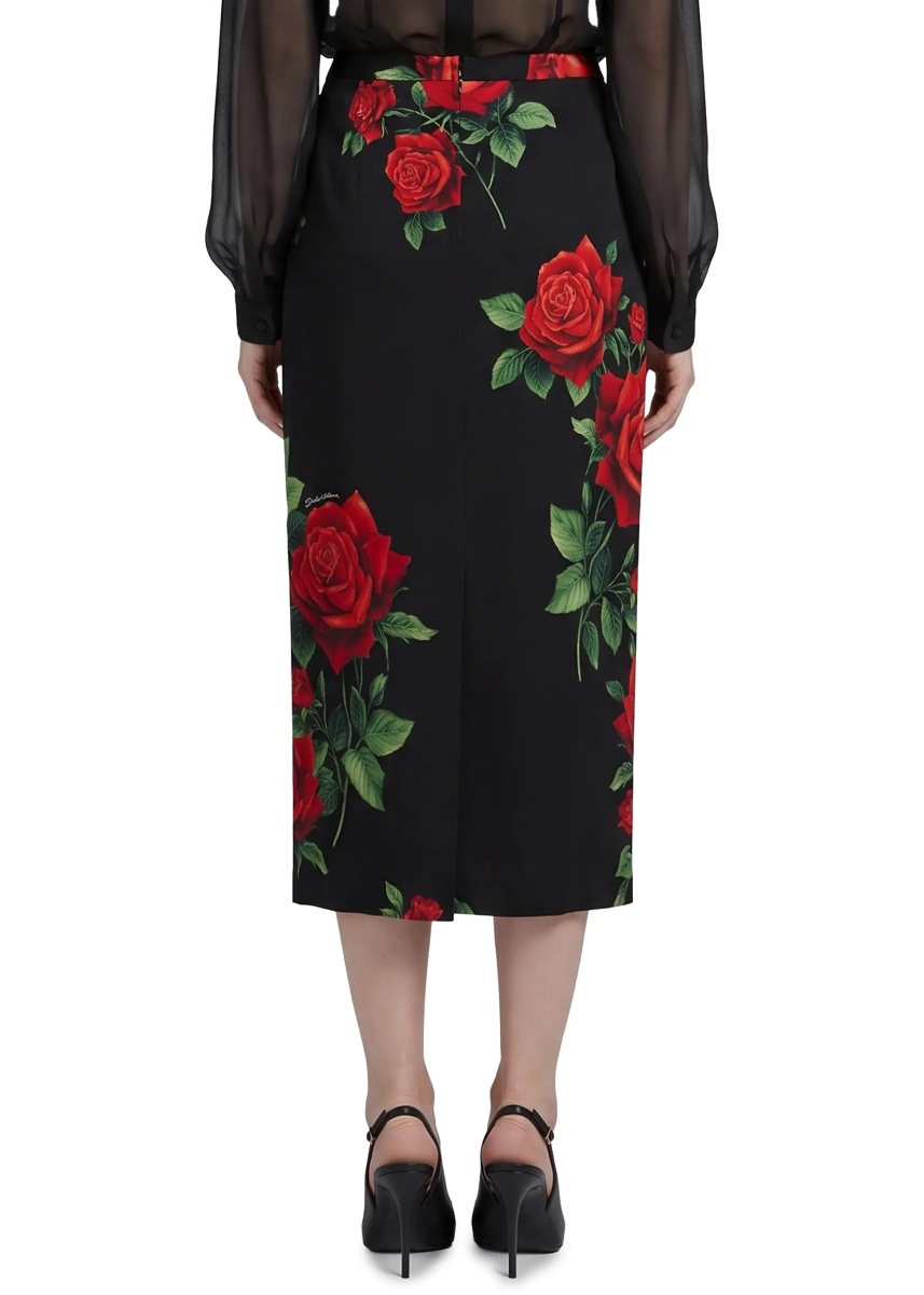 Fusta Red Rose Print Midi Skirt - Img 3