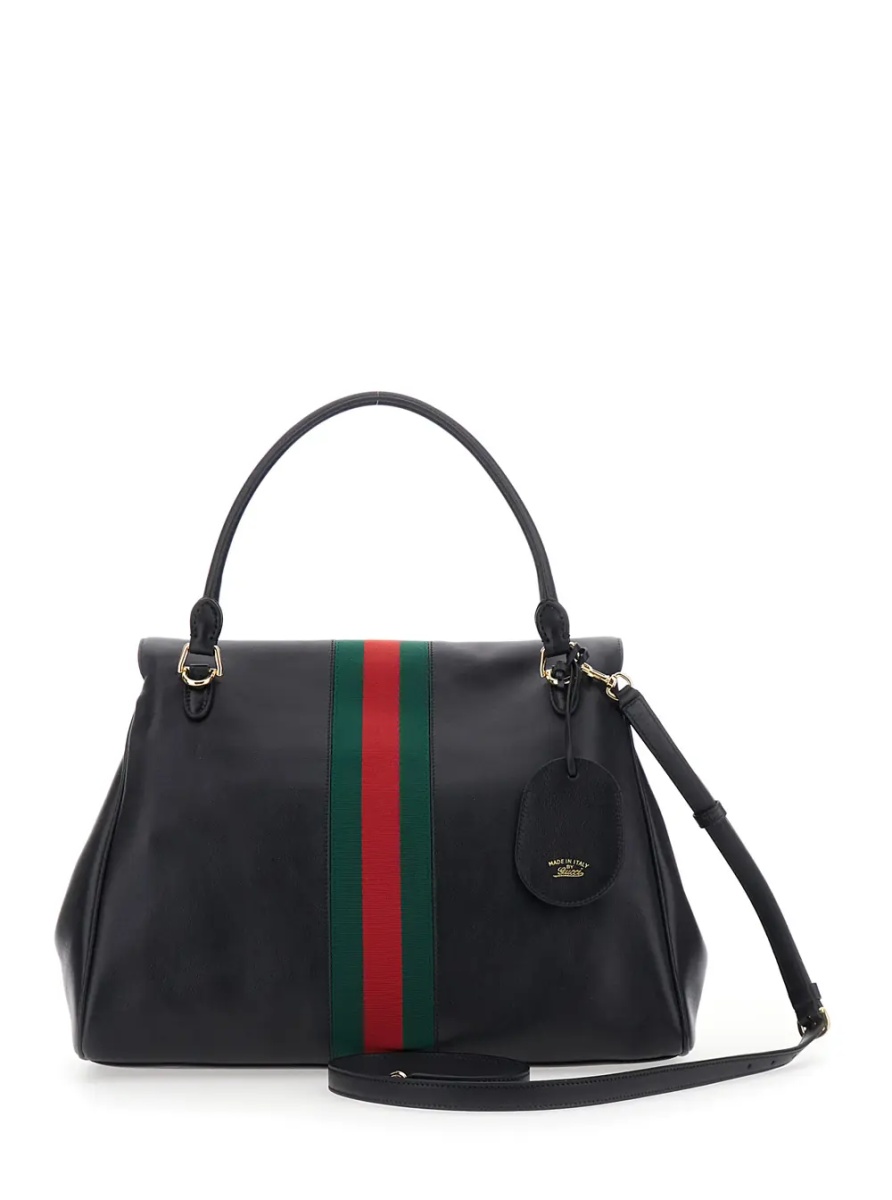 Geanta de mana 'Paparazzo' Black Large Handbag with Horsebit and Web Stripe on the Front in Leather for Women - Img 2