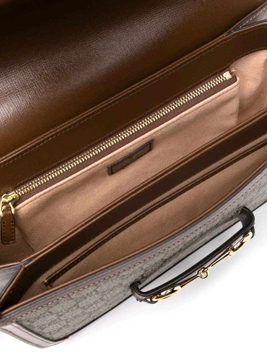Geanta de umar Gucci Horsebit maro din piele si material textil - Img 5
