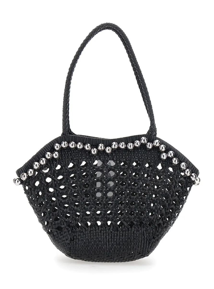 Geanta de umar 'Lip' Black Shoulder Bag with Rounded Handles and Bead Details in Leather for Women - Img 2