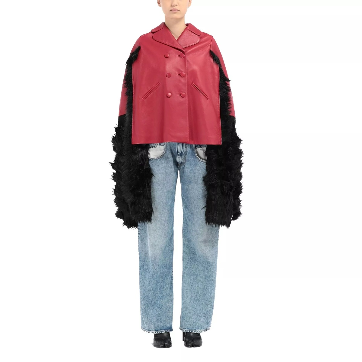 Maison Margiela Faux Fur Trimmed Leather Cape Jacket - Img 2