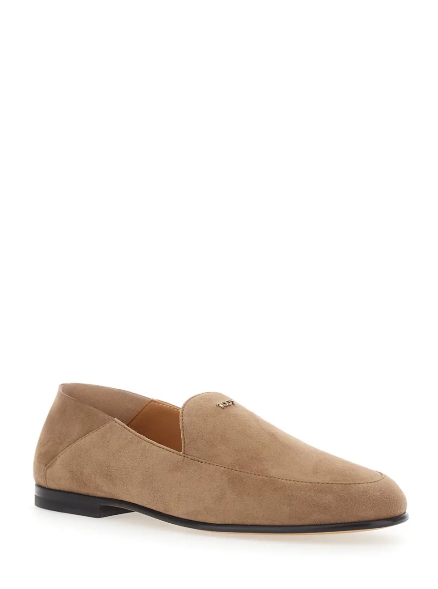 Mocasini Beige Loafers with logo lettering plate on the front in suede for women - Img 2