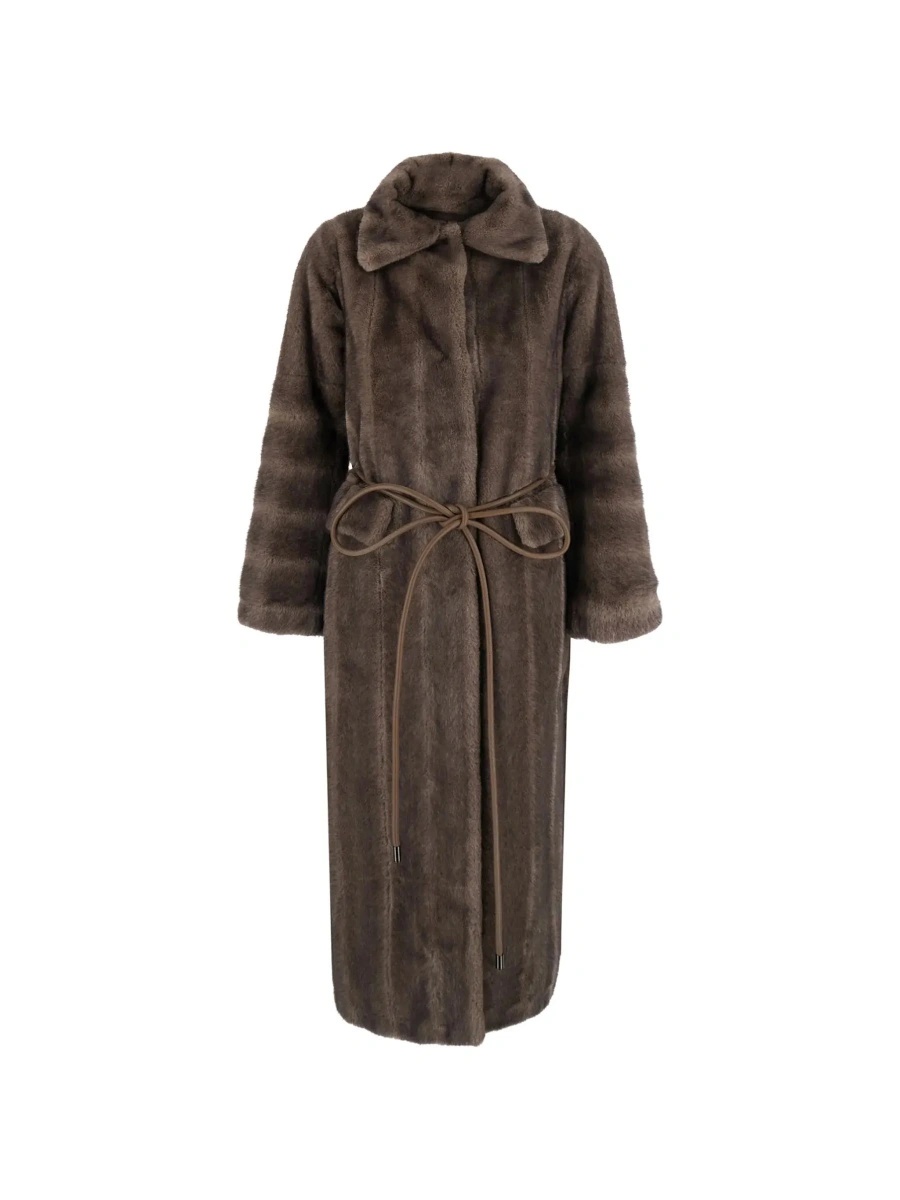 Palton Brown Shearling coat with wide collar and front belt in ecofur for women - Img 6