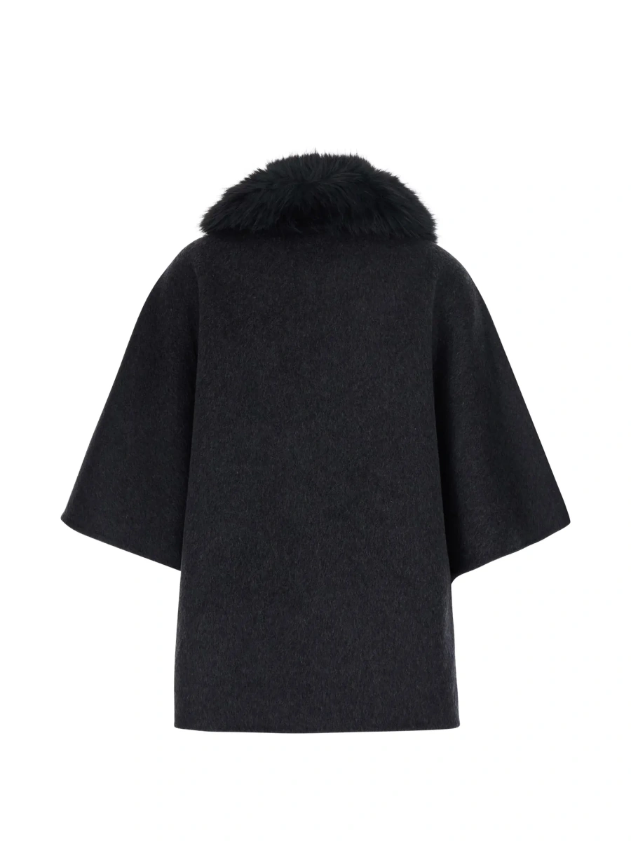 Palton Gray fur coat with removable fur collar and wide short sleeves in eco fur for women - Img 5