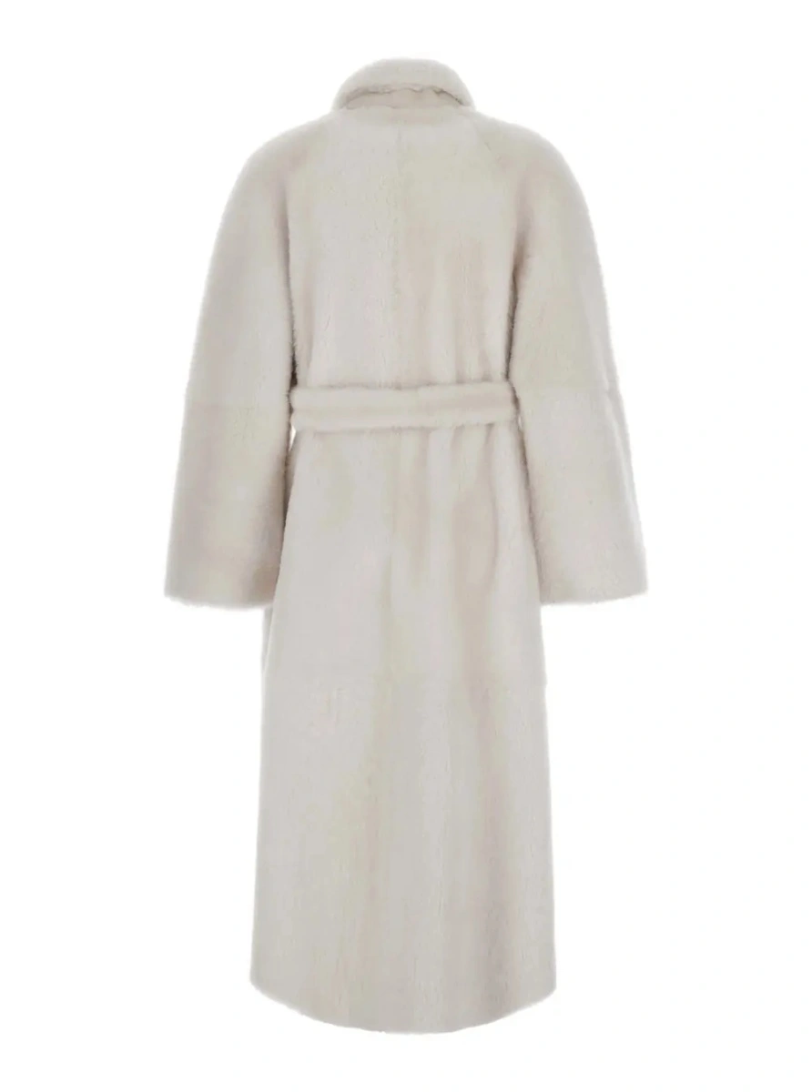 Palton white Shearling coat with classic collar and waist belt in shearling for women - Img 2