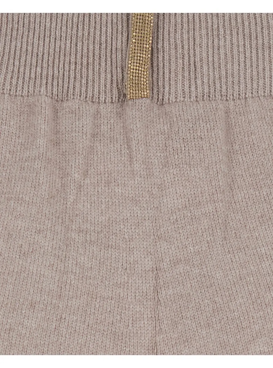 Pantaloni Beige Pants with Elastic Waist and Applied Rhinestones in Wool and Silk for Women - Img 3