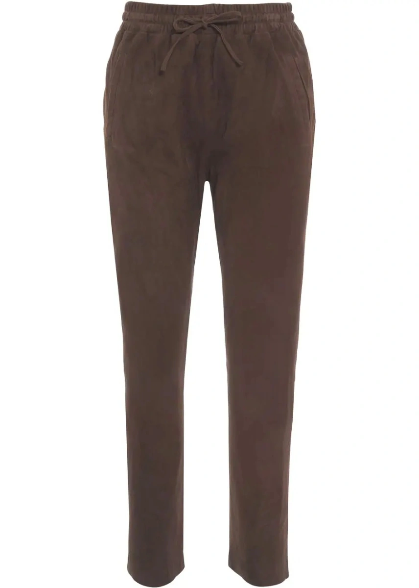 Pantaloni casual Oakwood maro din piele intoarsa - Img 2