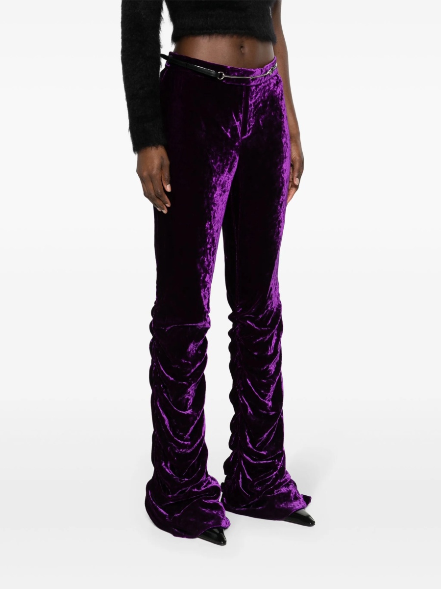 Pantaloni slim fit Gucci Horsebit violet din vascoza si piele - Img 3