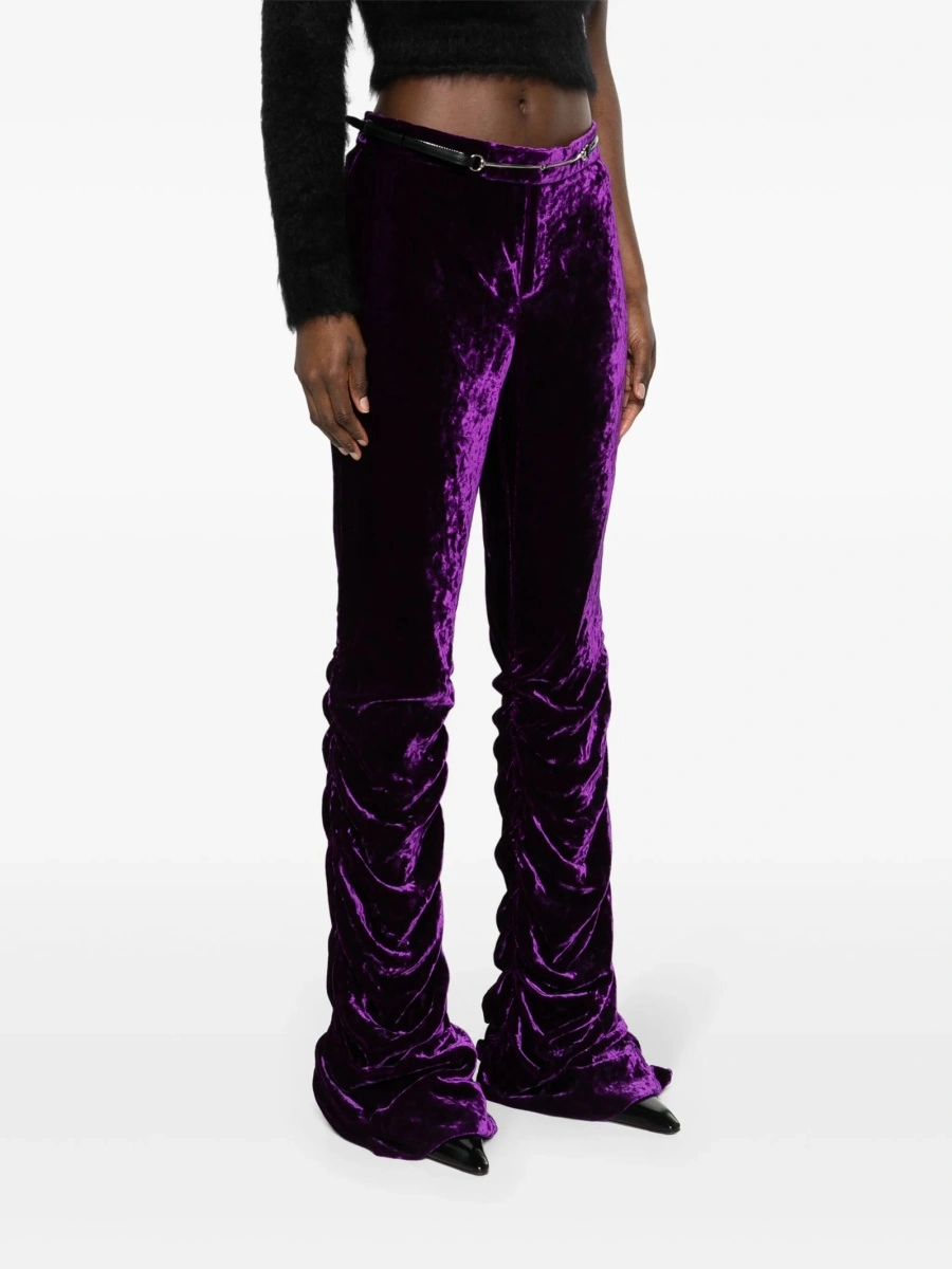 Pantaloni slim fit Gucci Horsebit violet din vascoza si piele - Img 3