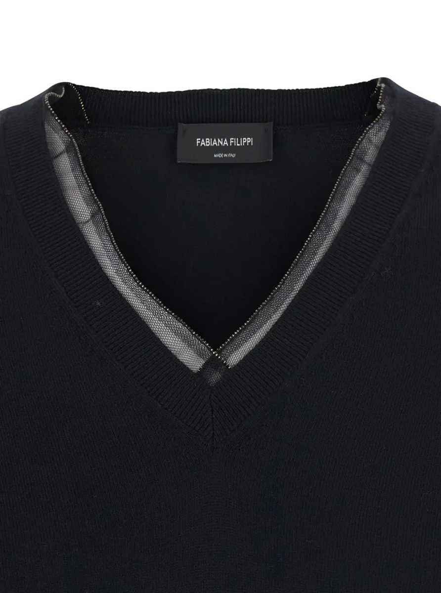 Pulover Black V-neck Sweater with Ribbed Edges in Wool and Cotton for Women - Img 3