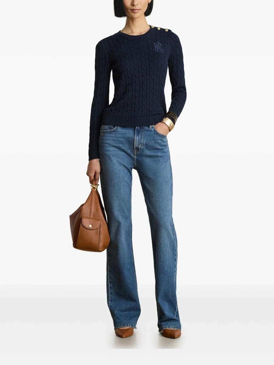 Pulover blue Crewneck sweater with cable knit and logo on the front in cotton Blend women - Img 3
