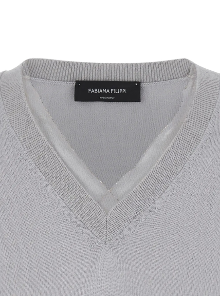 Pulover Grey V-neck Sweater with Ribbed Edges in Wool and Cotton for Women - Img 3