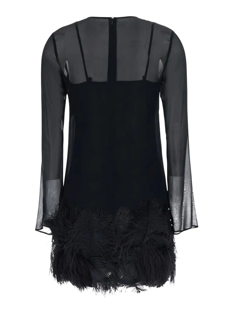 Rochii black Dress with feathers applied on the edges in fabric for women - Img 2