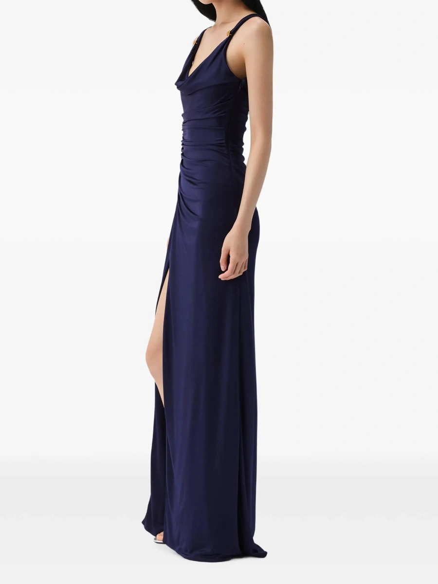 Rochii Blue Long Dress with V-Neck and Applied Medusa Buttons in Viscose for Women - Img 2