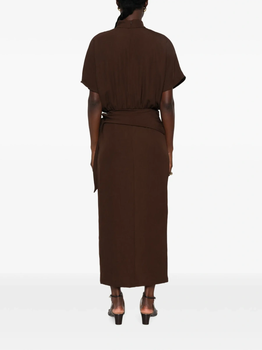 Rochii Brown High-Neck Dress with Front Buckle Belt in Fabric for Women - Img 6