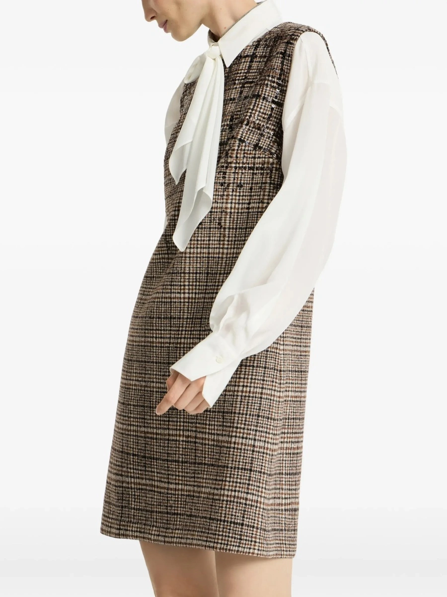 Rochii Brown Sleeveless dress with round neckline and all-over check motif in wool blend for women - Img 7