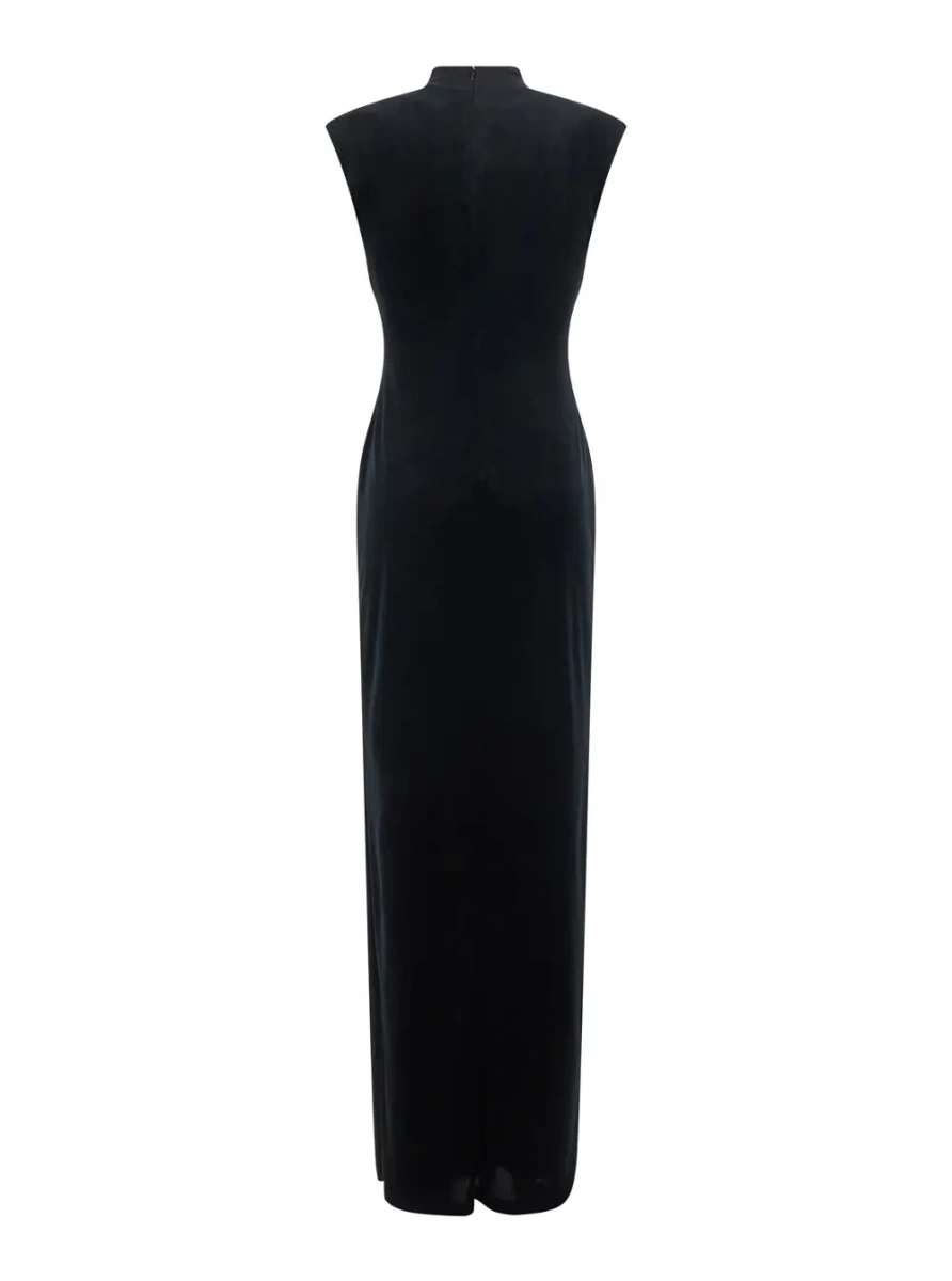 Rochii Long dress with long sleeves and V-neck in black Tech Fabric for women - Img 2