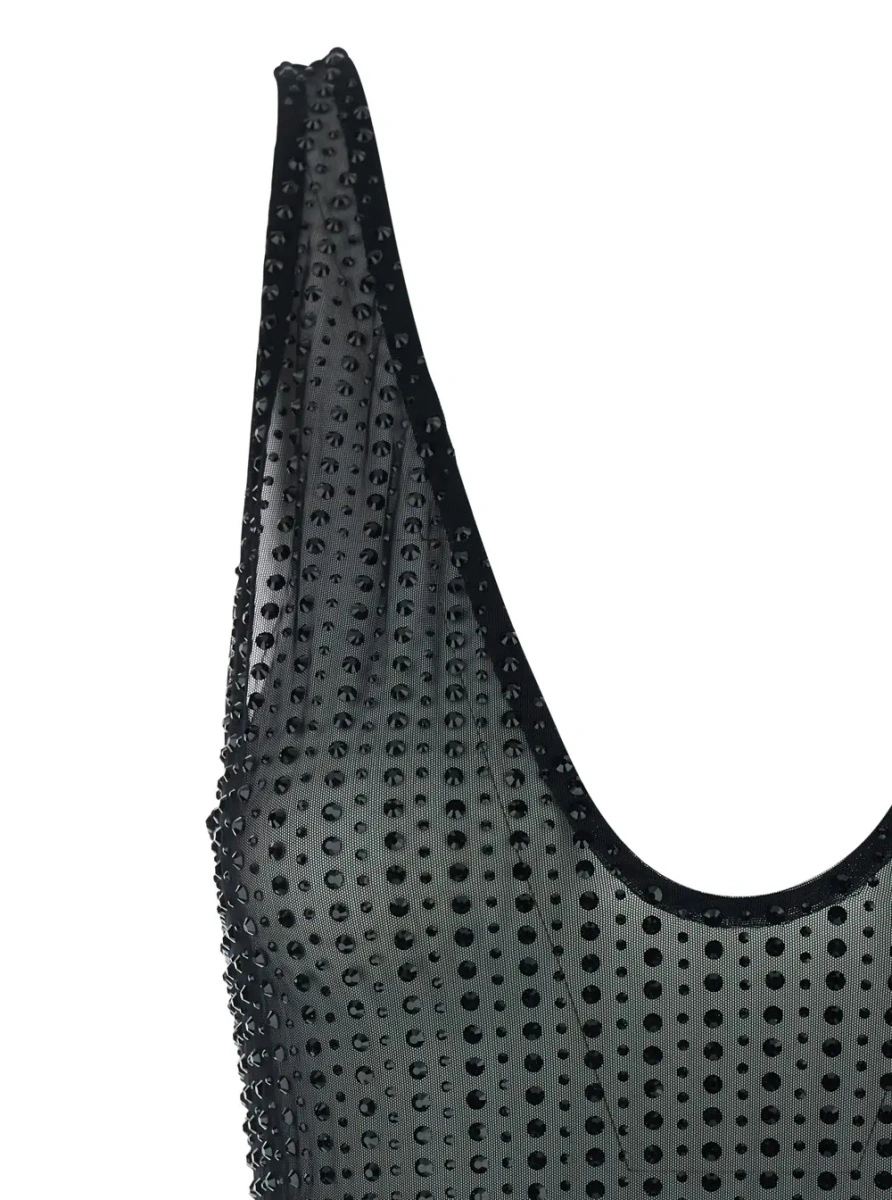Rochii Malibu Dress with V-Neck and All-Over Crystal Decoration in Black Stretch Tech Fabric for Women - Img 3