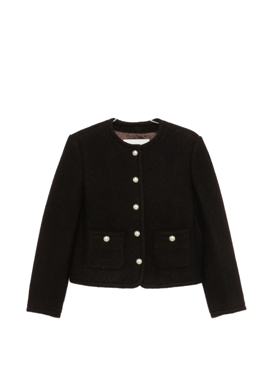 Sacou Brown Round-Neck Jacket with Jewel Button Closure in Wool for Women - Img 6