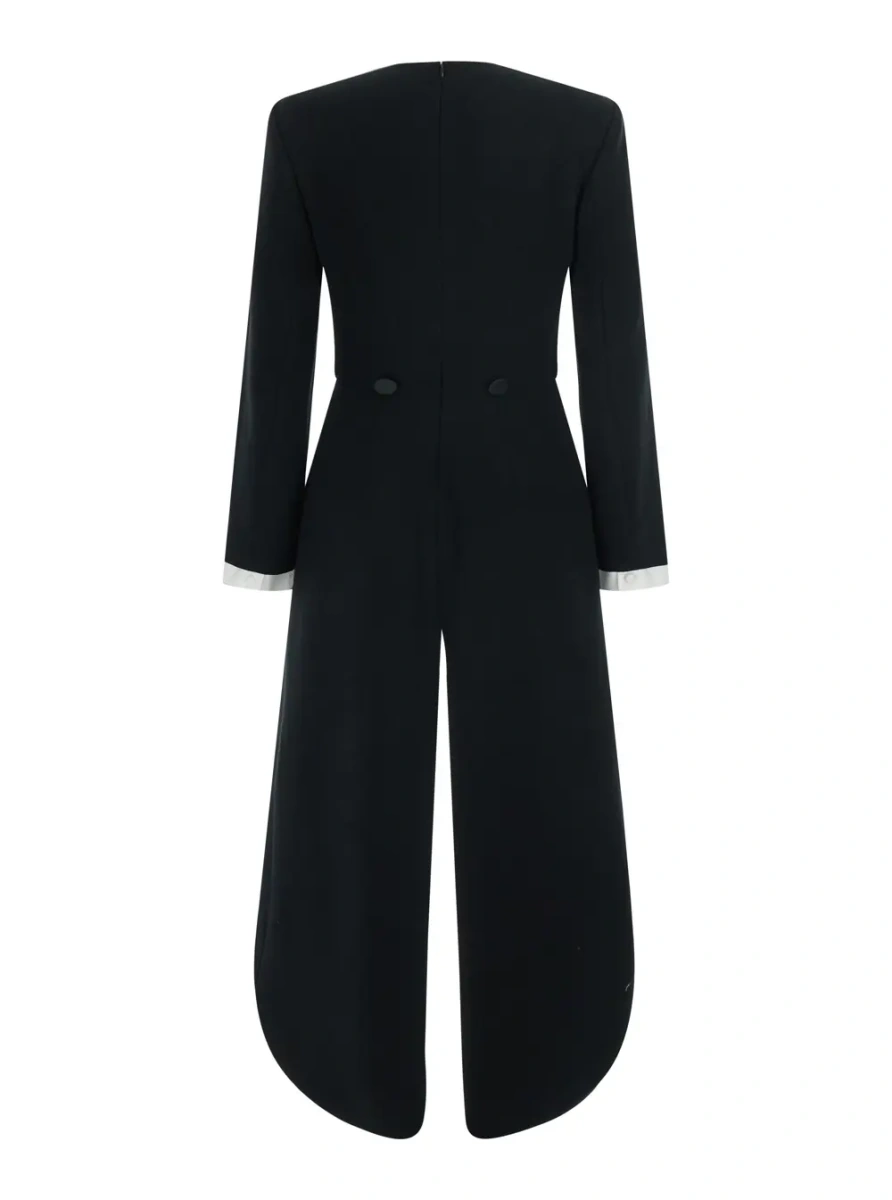 Salopete black Jumpsuit with round neckline and tail insert on the back in stretch wool crêpe for women - Img 2