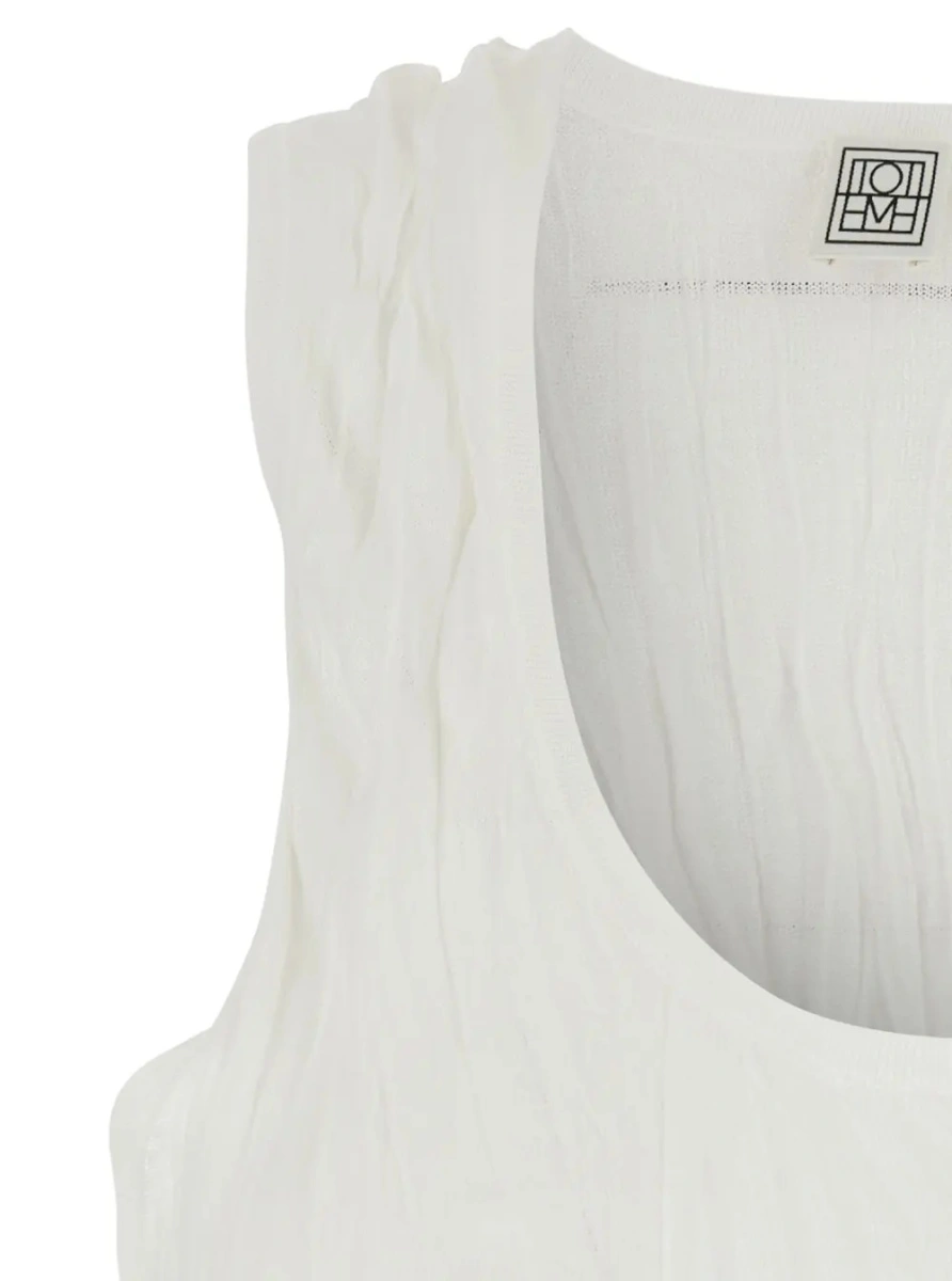 Topuri TOTÊME White Sleeveless top with round neckline and crinkled design in viscose for women - Img 3