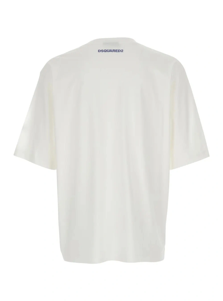 Tricou DSQUARED2 alb din bumbac cu imprimeu pe piept - Img 2