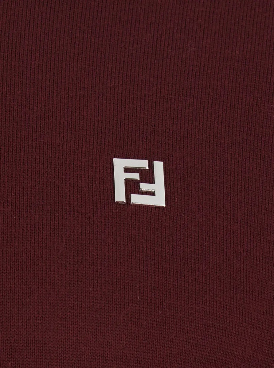 Tricou Polo Bordeaux Long Sleeve Polo with Classic Collar and FF Plate on the Front in Wool for Men - Img 3