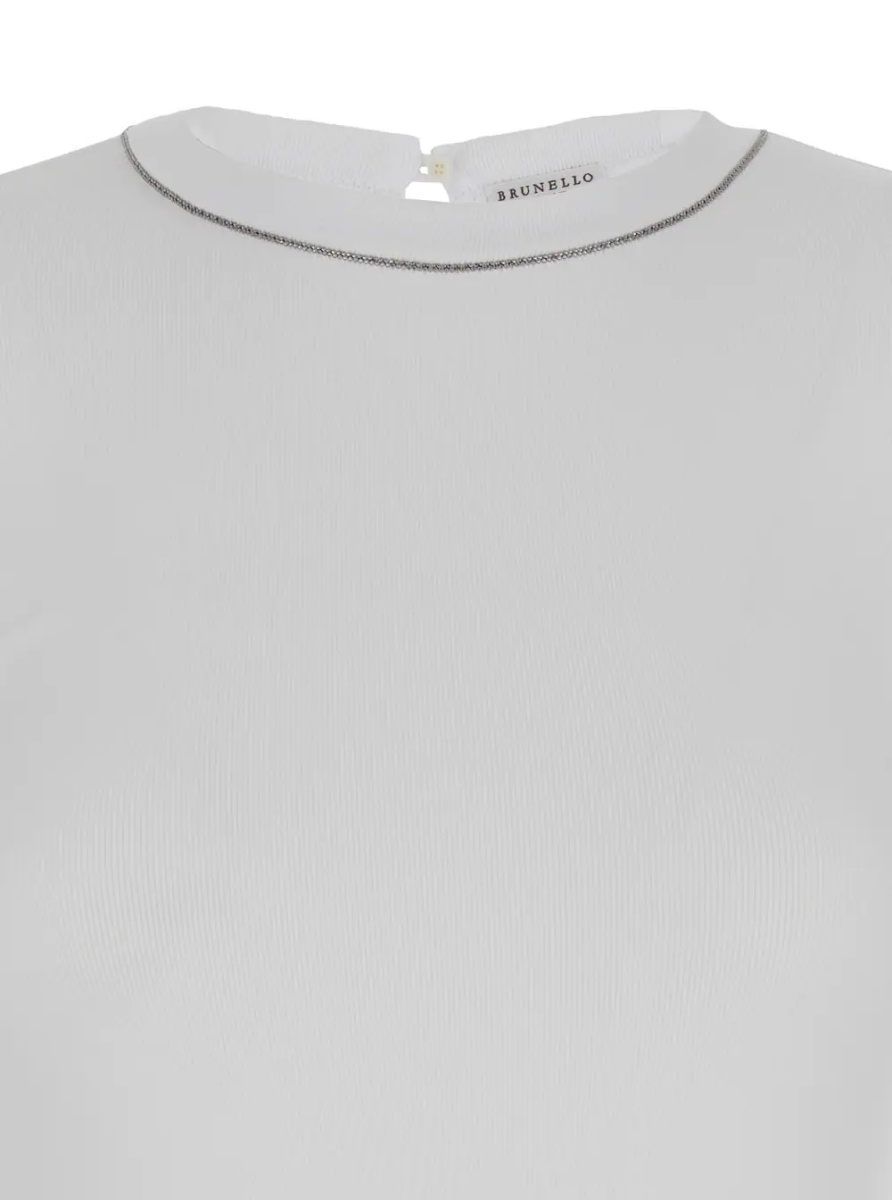 Tricou White Long Sleeve T-shirt with Round Neck and Monile Details in Cotton Women - Img 2