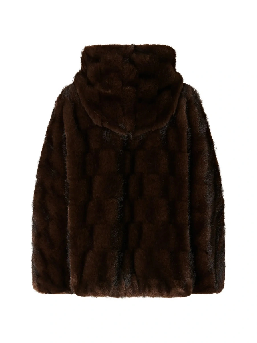 Blanuri Brown shearling jacket with hood and front zip closure in ecofur for women - Img 4