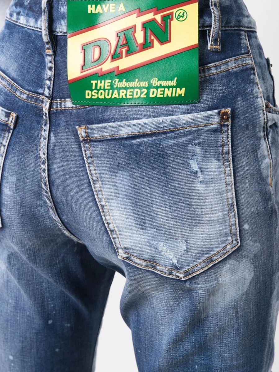 Blugi drepti DSQUARED2 albastri din bumbac si piele - Img 5