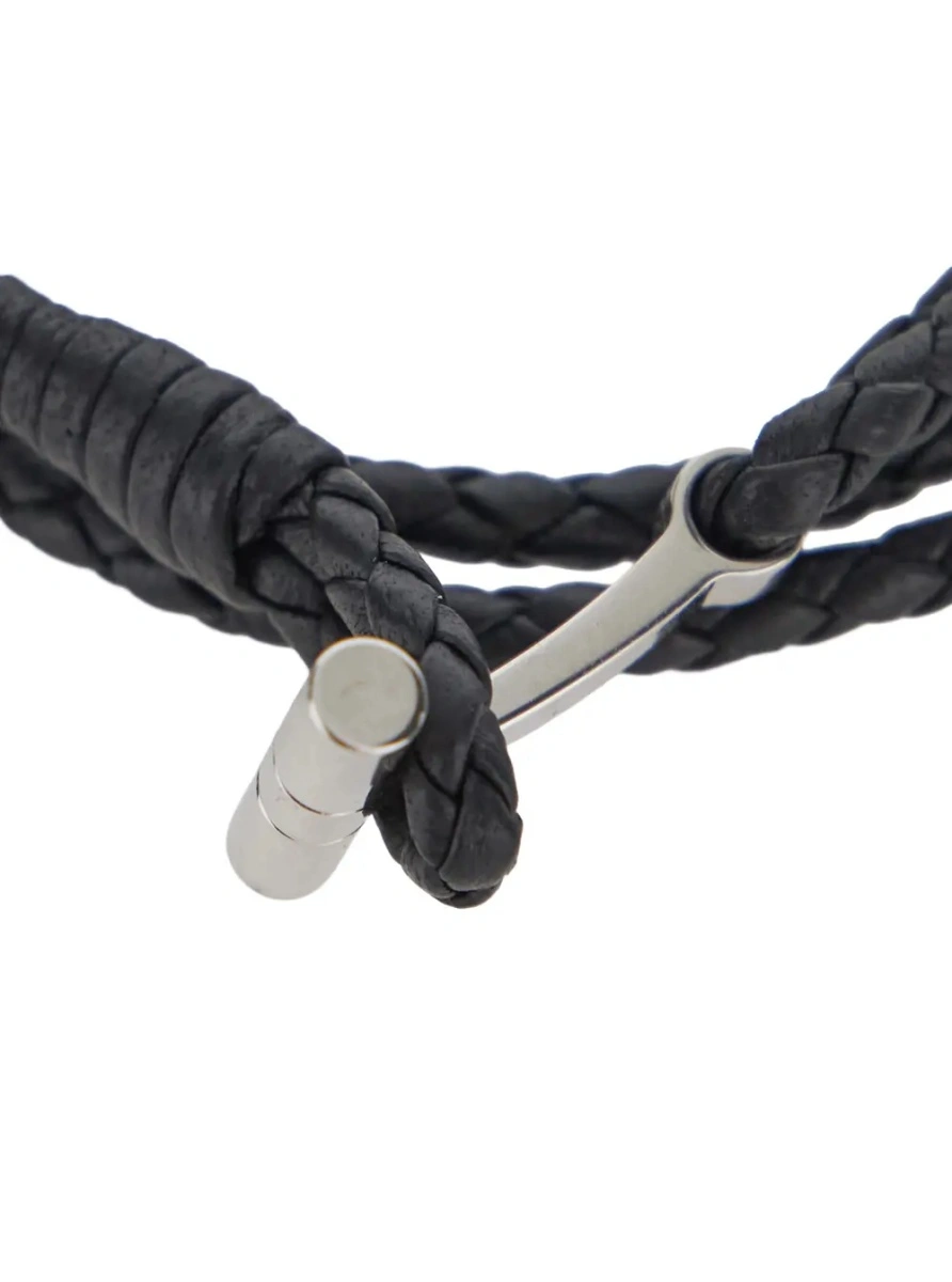 Bratari Black String Bracelet with Woven Design and Metal Plate Closure in Leather for Men - Img 2