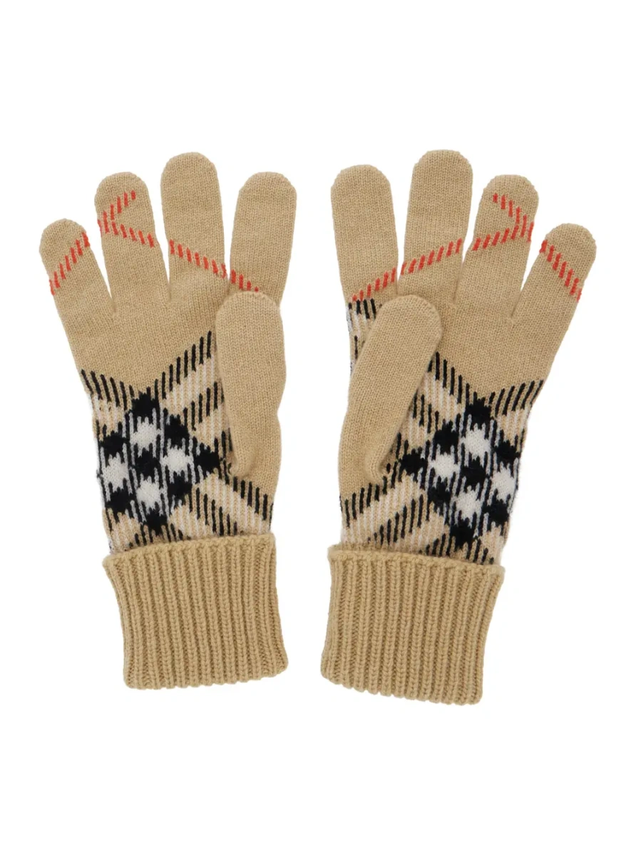 Caciula Gloves with Check Motif in Beige Leather for Women - Img 2