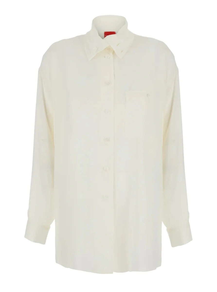 Camasa beige shirt with wide foldable collar in cotton Women - Img 3