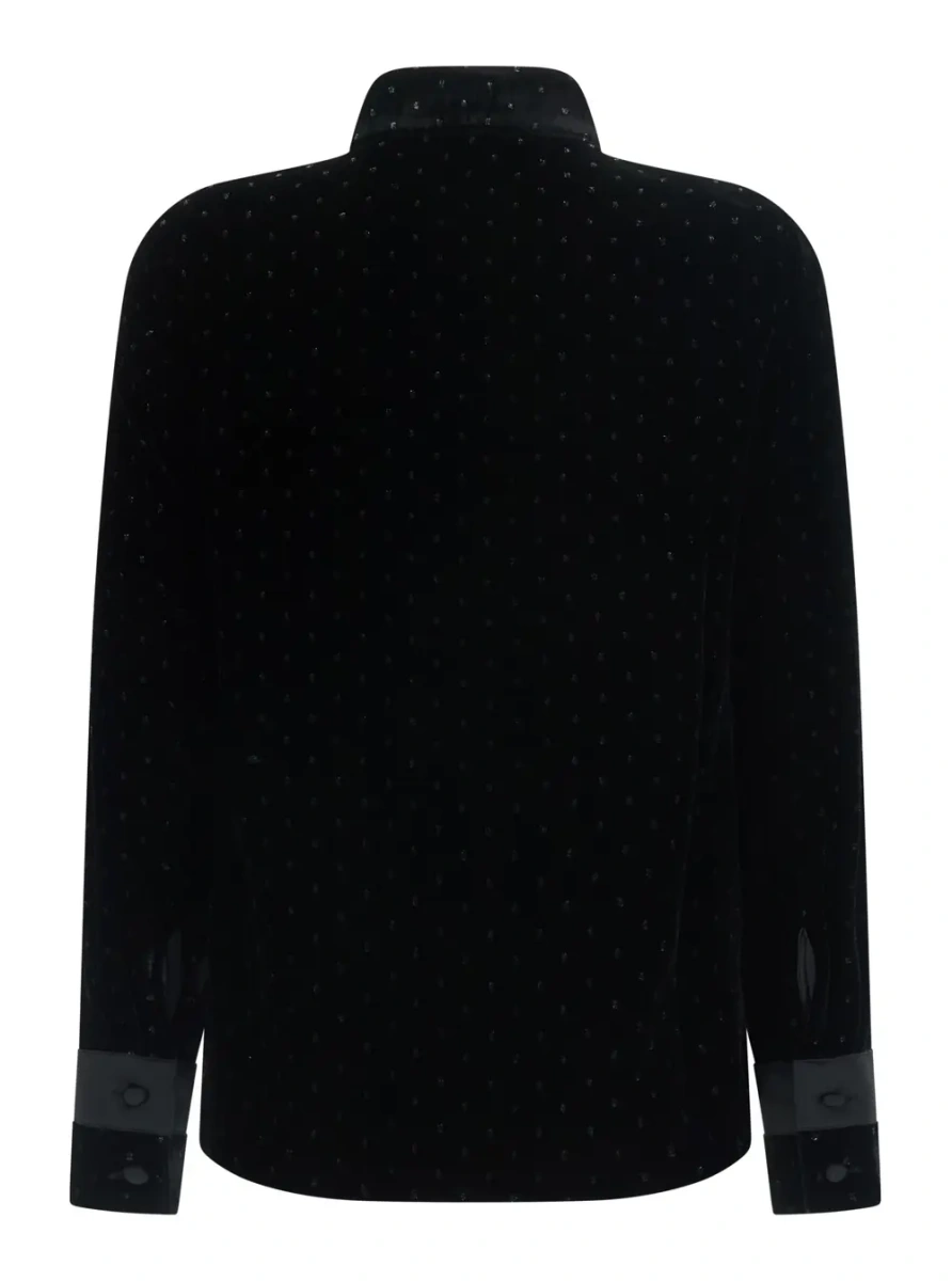 Camasa Black blouse with high collar and all-over applied rhinestones in velvet women - Img 2
