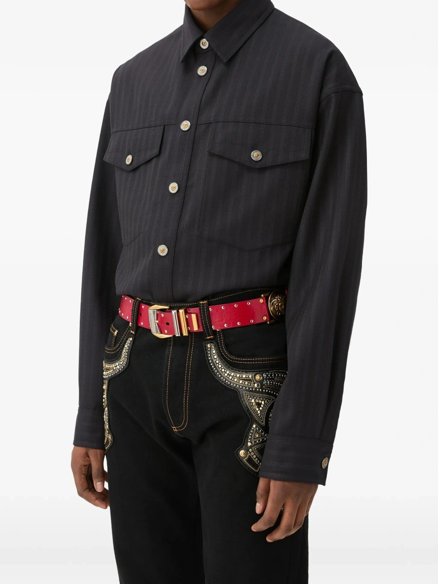 Camasa casual Versace 'Greca' neagra din jacquard si lana - Img 4