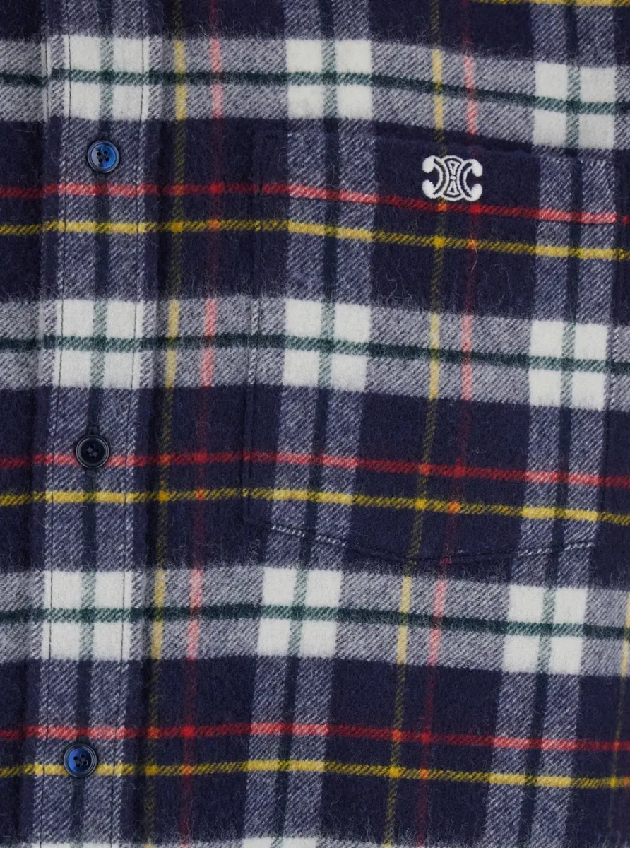 Camasa Men's blue wool shirt with check motif and embroidered logo on the front - Img 3