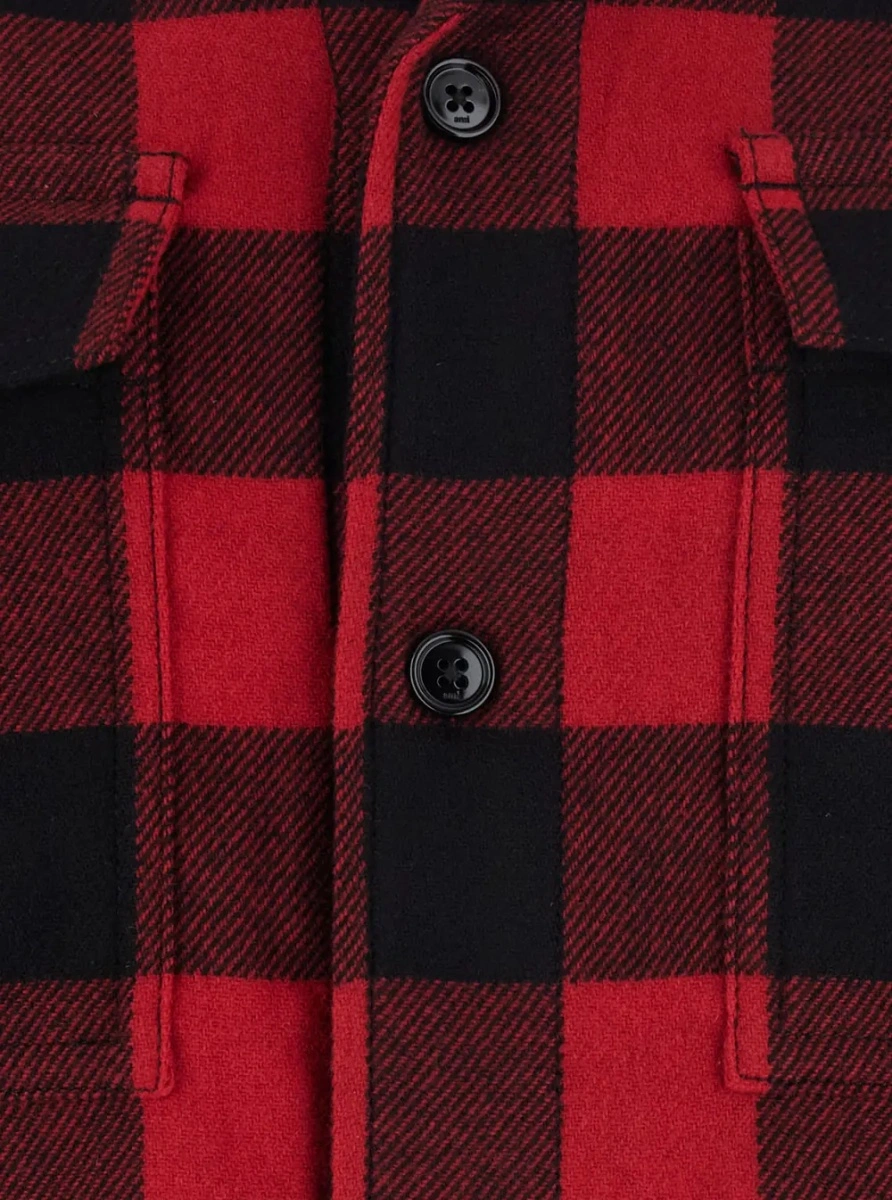Camasa Red shirt with Cuban collar and all-over check Motif in wool for men - Img 3